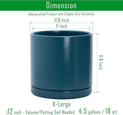 D'vine Dev 12 Inch Ceramic Planter Pot, Teal, 94-O-F-9 | Modern Cylinder Design, Drainage Hole & Saucer Included, Stable Structure, Elegant Home Accent