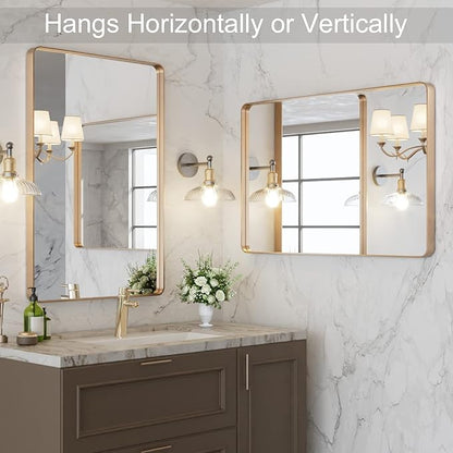 LOAAO 24”X32” Gold Bathroom Mirror, Rounded Rectangle Gold Frame Mirror
