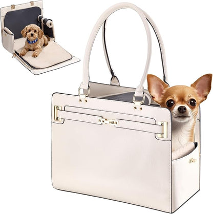 Dog Purse Carrier for Small Dogs, Stylish Foldable Pet Carrier Purse Tote Bag with Washable Cushion & Safety Leash, Airline Approved Puppy Travel Bag with Pockets (White)
