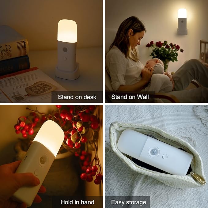 Motion Sensor Night Lights Indoor, Rechargeable Night Light Battery Powered, Portable Nightlight with Adjustable Brightness Activated Table Lamp for Kids, Adults(Warm Light, 4 Pack)