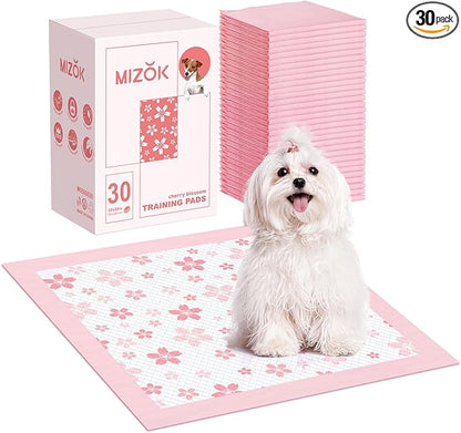 MIZOK Pink Puppy Pads with Adhesive Tabs Wee Wee Pads for Dogs 22x22in 30Ct | Cute Cherry Blossom Designs Feature Pheromone Attractant for Fast Training Small Dog Potty Pads Ideal for Female Puppy Needs