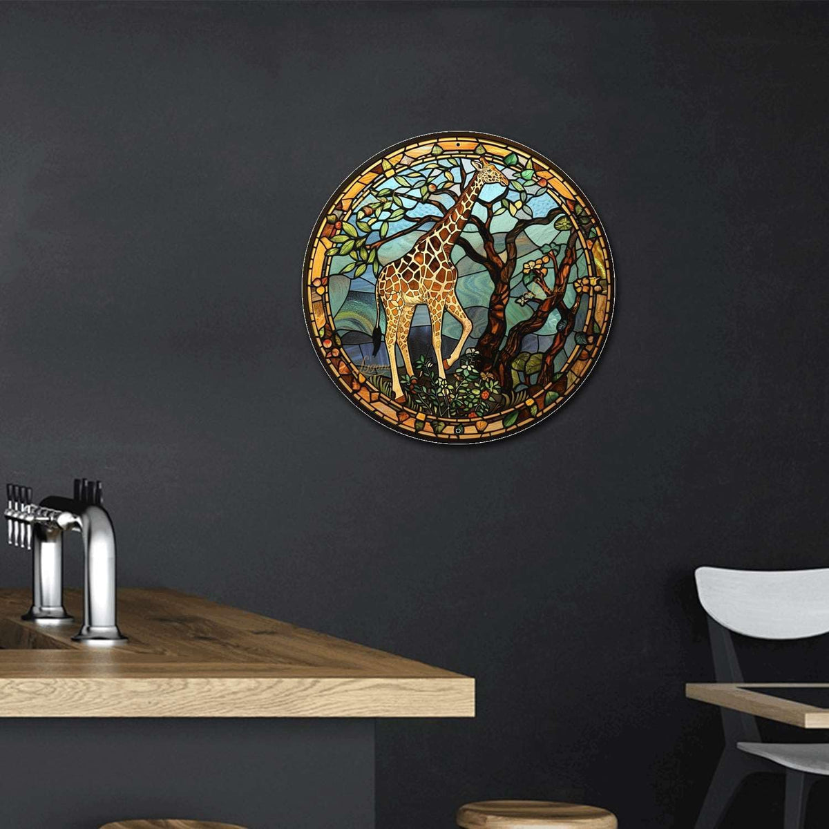 Lygond Metal Sign Tin Sign Circular Stained Glass Giraffe Bathroom Signs for Home for Garage 8×8 Inches