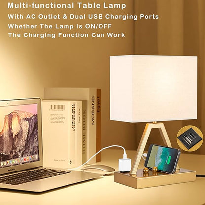 Briever Touch Control Table Lamp, 3-Way Dimmable Desk Lamp with USB C & USB A and AC Outlet, Bedside Lamp with Phone Stand and Fabric Shade for Bedroom, Living Room,Bulb Included, Gold