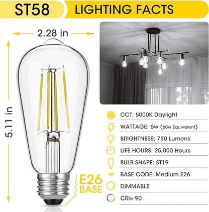 Dimmable Vintage LED Edison Bulbs, 6W, Equivalent 60W, 750lm, Daylight 5000K, 90+ CRI, ST58 Antique LED Filament Bulbs, E26 Medium Base, Clear Glass, Pack of 12