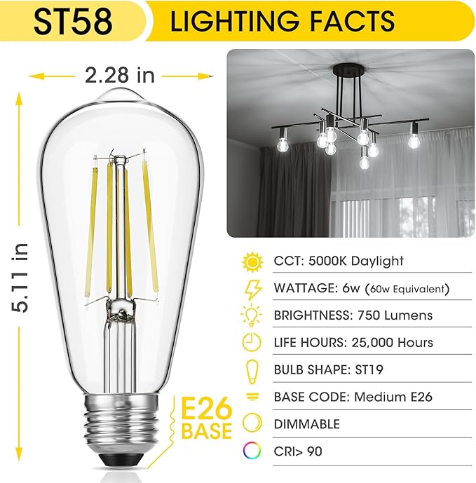 Dimmable Vintage LED Edison Bulb 60W Equivalent, 6W 750Lumens Edison Light Bulbs 5000K Daylight White, ST58 Antique LED Filament Bulb CRI 90+, E26 Medium Base, Clear Glass, Pack of 24