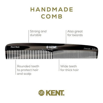 Kent 9T Black Graphite Fine Tooth and Wide Tooth Detangler Comb - Large Handmade Dressing Comb for Wet Hair and Durable Grooming, Hand Polished, Saw-Cut Made in England
