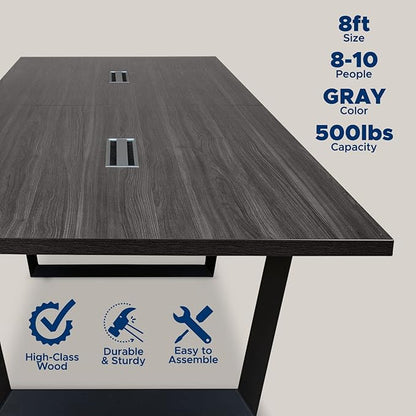 ahliss Sturdy Conference Table with Cable Management Grommets Modern Rectangle Office Meeting Table with Wood Tabletop and Metal Frame & Legs- Easy Assembly Boardroom Table (Grey, 8 Foot)