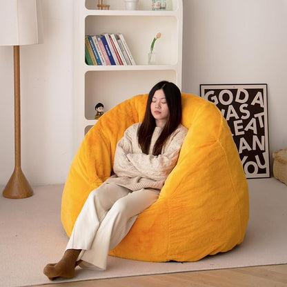 N&V Large Shell Bean Bag Chair, Adult Size Bean Bag Sack, Foam Filling, Includes Removable and Machine Washable Cover, 40in, Soft Faux Fur, Yellow