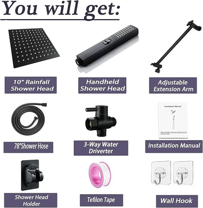 10" High Pressure Square Rainfall Shower Head and 2-in-1 Hand Shower, Rainfall