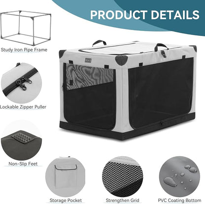 PETSFIT 36" Soft Portable Dog Crate – Patented Spiral Sturdy Frame, Collapsible Travel Kennel for Medium & Large Dogs, 3 Mesh Door, Lockable Zippers, Indoor & Car Use Gray
