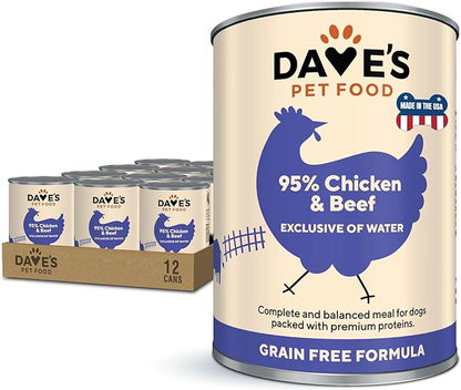 Dave's Pet Food Grain Free Wet Dog Food (95% Chicken & Beef), Made in USA, Limited Ingredients, Added Vitamins & Minerals, 12.5 oz Cans (12 Pack)