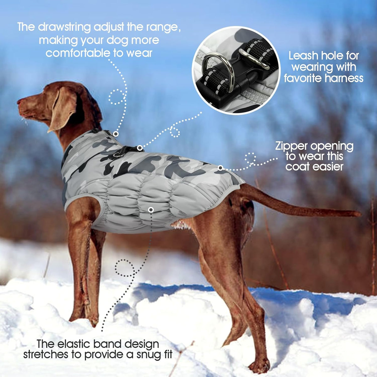 FUAMEY Dog Coat for Small Dogs,Waterproof Dog Winter Jacket with Harness Built in Puppy Cold Weather Coats Reflective Pet Vest with Zipper Warm Fleece Dogs Snowsuit Windproof Grey Camo S