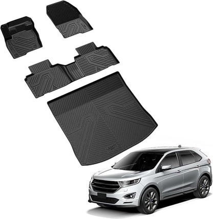 LASFIT Floor Mats and Cargo Liner for Ford Edge 2015-2024 All Weather Protector TPE Car Liners Custom Fit Vehicle Accessories, 1st & 2nd & Trunk Mat Combo Set, 4pcs Black