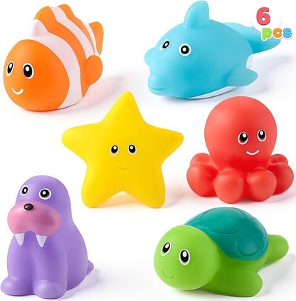 JOYIN 6 Pcs Sea Animal Bath Toys, Sealed & No-Hole & Mold Free Bathtub Toys for Kids, Non-Toxic & Soft Water Vehicles Toys, Squeezable & Float on Water, Bath & Pool Play for Boys and Girls