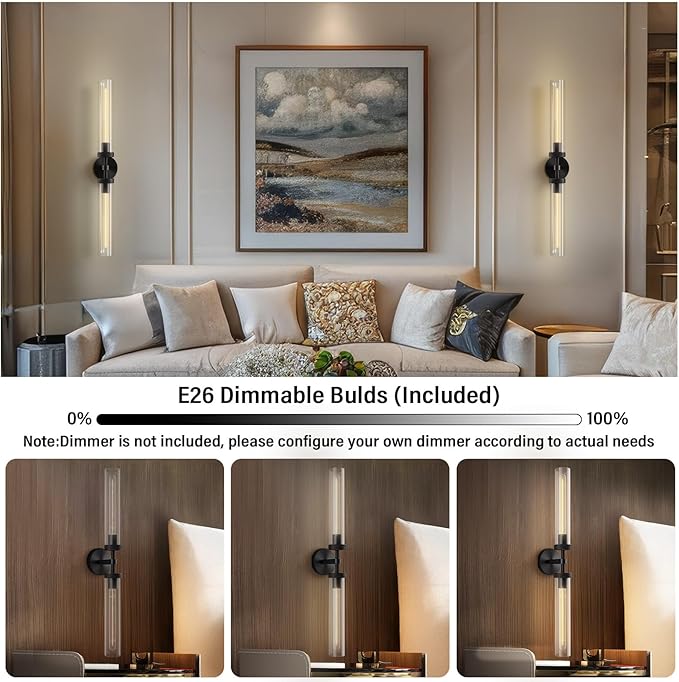 Brass Wall Sconces, 30in Black 2-Light Double Glass Sconces Wall Lighting, Bathroom Knurled Vanity Light Sconces, Wall Lights for Living Room Bedroom（Including Bulb）