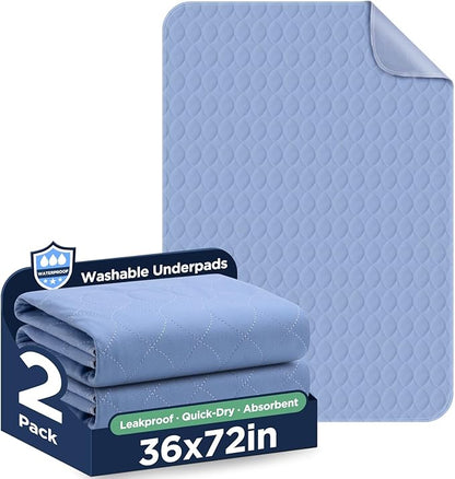 Washable Bed Pads 36" x 72" - 2 Pack, Blue, Waterproof Bed Pads for Incontinence, Bed Wetting Pads for Bed, Sofa, Floor, Resuable Underpads for Adults, Seniors, Pet