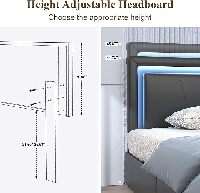Twin Size Bed Frame with 4 Storage Drawers and LED Lights, Upholstered Platform Bed with Adjustable Headboard and Charging Station, Metal Slats Support, No Box Spring Needed,Easy Assembly, Black
