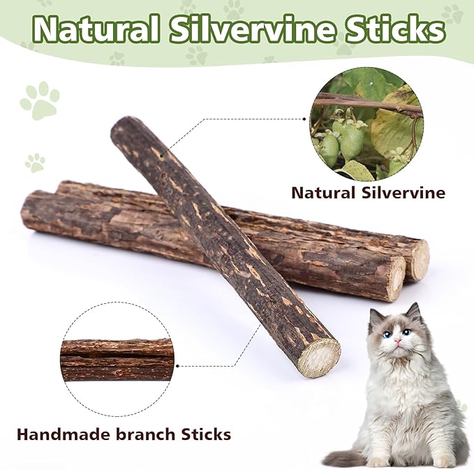 WOUSEDO 6 Pack Silvervine Sticks Cat Toy, Natural Chew Stick for Dental Care Teeth Cleaning,Matatabi Cat nip Treat Toys for Indoor Cats& Kittens