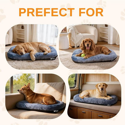 Washable Oval Medium Dog Bed, Silver-Tipped High-Resilience, Dusty Blue | Non-Slip Bottom Prevents Sliding, Soft Plush Short Fur, Machine Washable, Ideal for Crates/Apartments/Cozy Nooks,29"x18"x2.8"