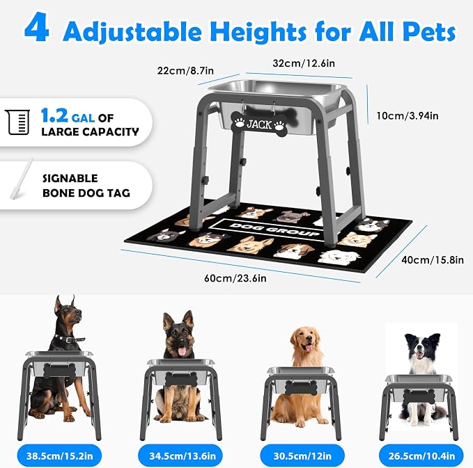 1.2 Gallon Elevated Dog Water Bowl, Height Adjustable (11–17'') Raised Stainless Steel Bowl with Spill-Proof Mat & Sturdy Metal Stand, Tip-Proof, Easy to Clean, Indoor & Outdoor Use