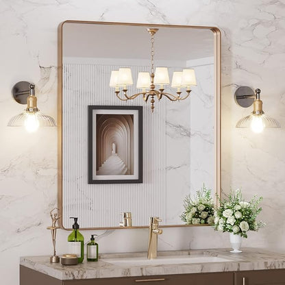 LOAAO 30”X36” Gold Bathroom Mirror, Rounded Rectangle Gold Frame Mirror