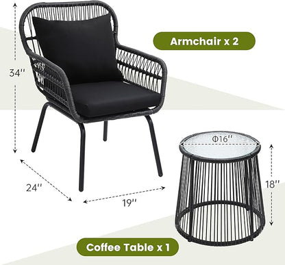 wildformers 3 Pieces Rattan Wicker Bistro Set, Outdoor Conversation Set, Wicker Furniture Set with Glass Top Table, Space Saving for Balcony, Backyard, Black