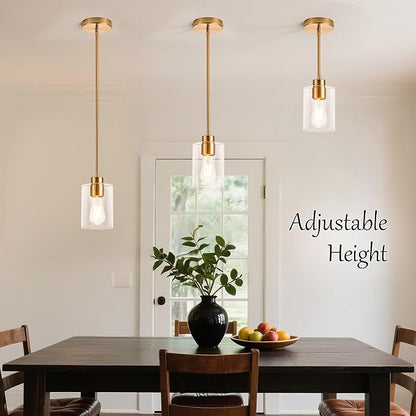 MAYNA 3-Pack Brushed Brass Dining Room Light Fixtures, Modern Gold Pendant Lighting Over Island, Adjustable Rods Glass Chandelier for Kitchen Table (Bulbs Included)