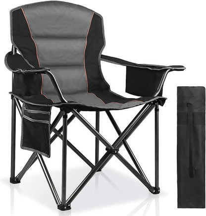 LANMOUNTAIN Oversized Padded Camping Chairs for Adults,Heavy Duty Support 400 Lbs,Folding Portable Lawn Chair w/Cup Holder,Cooler Bag,Side Pocket,Perfect for Outdoor Picnic,Hiking(Black)