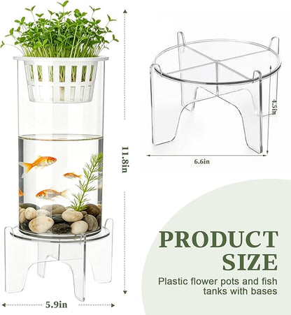 Thenshop 1.87 Gallon Plastic Aquaponic Planter and Aquarium Betta Bowl Fish Aquariums Small Fish Tank with Base and Top Promotes Healthy Hydroponic Environment for Plants (Straight Cylinder)