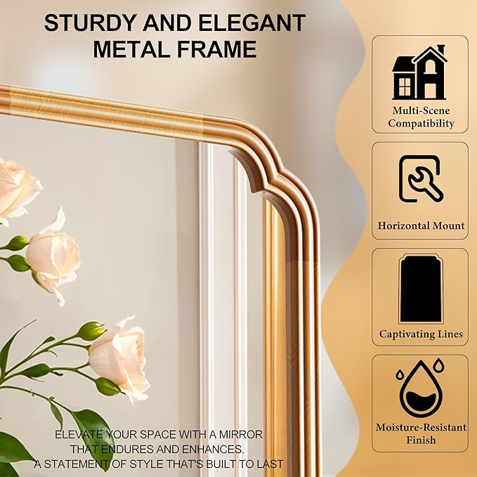 Wood Frame Wall Mirror for Bathroom, Rounded Corner Arch Rectangle Mirror for