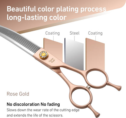 Fenice Peak Professional Curved Thinner Dog Grooming Scissors 7.0'' Rose Gold Thinning Shears Extremely Sharp Blades 440C Stainless Steel Thinning Shears Durable Smooth Fine Cut for Dogs and Cats.