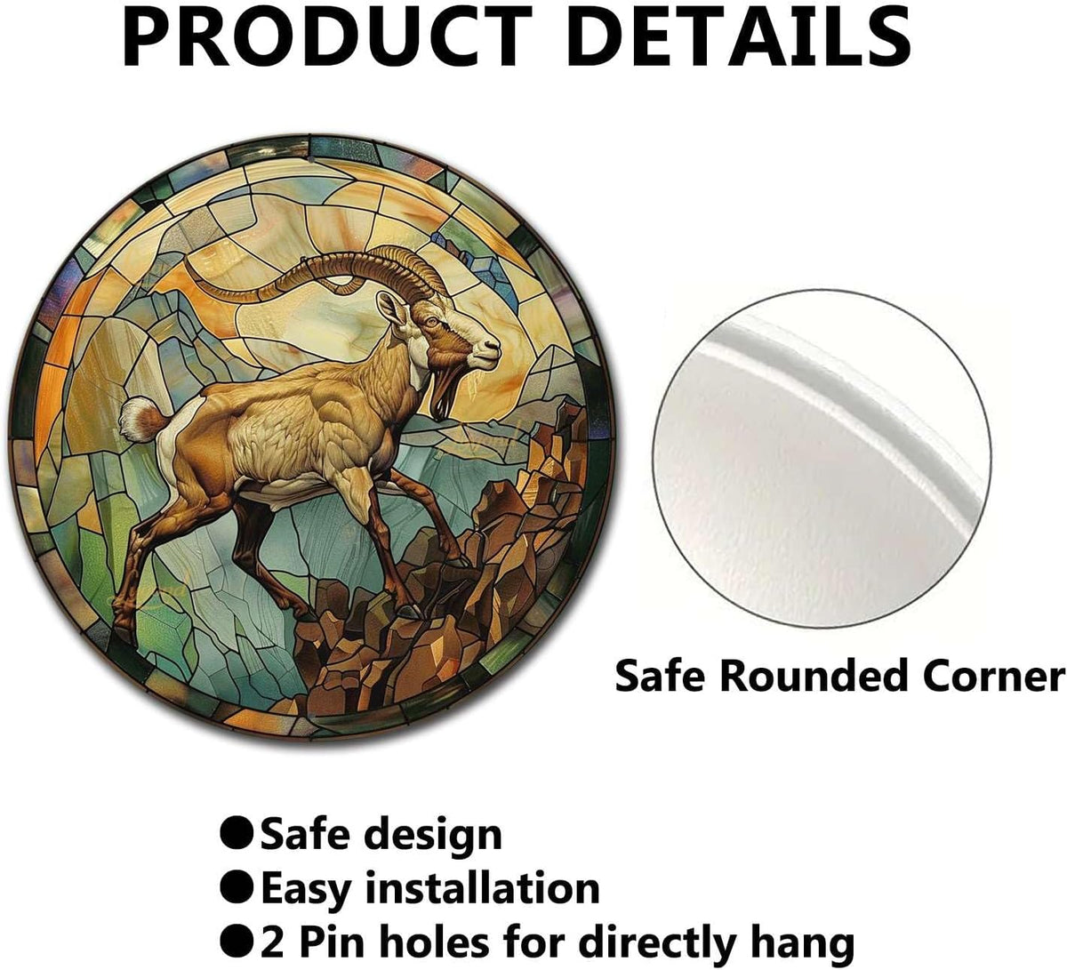 Lygond Metal Sign Tin Sign Circular Stained Glass Mountain Goat Garden Metal Sign For Bar 8×8 Inches