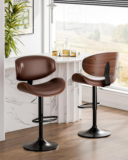 Aowos Bar Stools, Adjustable Swivel Barstools for Kitchen Island, Mid Century Modern Leather Upholstered Counter Height Bar Chairs with Back & Footrest (Brown 1PCS)