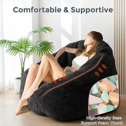 MAXYOYO Giant Bean Bag Chair, Oversized Bean Bag Couch for Adults and Kids, Faux Fur Shell-Shaped Large Chair with Filler, Stuffed Big Accent Sofa Lounge Floor Sofa for Gaming, Reading, Black