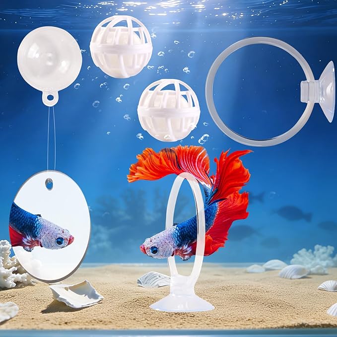 Betta Fish Toys, 2 PCS Fish Exercise Ring and Nitrifying Balls Set, Betta Mirror Toy Set, Feeding Ring with Suction Cup, Fishing Tank Accessories for Gifts (Clear)