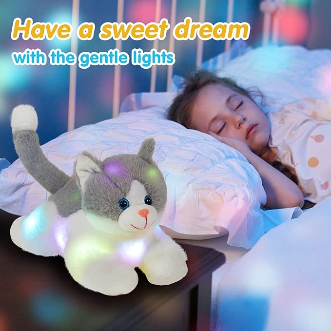 Houwsbaby 15" Gray Light up Kitty Stuffed Animal Cat Floppy LED Plush Toy Kitten Night Lights Glow Pillow Birthday Festival Christmas Halloween Presents for Kids Toddler Girls