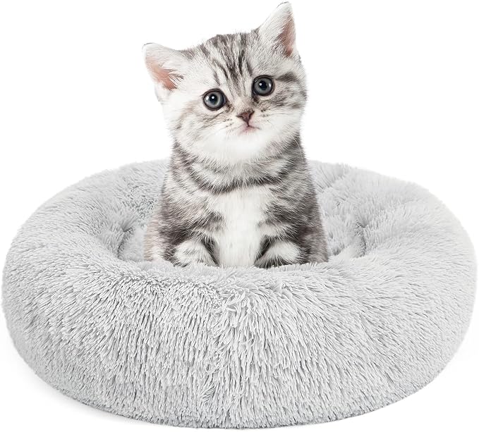 MIXJOY Calming Cat Beds for Indoor Cats, 20'' Kitten Donut Bed for Pet Up to 15lbs, Fluffy Small Cat Cuddler Bed, Anti-Anxiety Plush Faux Fur Large Cat Bed Washable (20'', Grey)