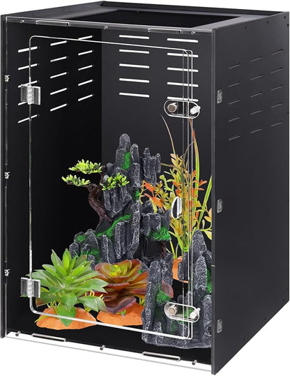 Reptile Tank Enclosure – 16x16x25 Crested Gecko Reptile Terrarium – Acrylic Habitat with Ventilation for Lizards, Snakes & Chameleon