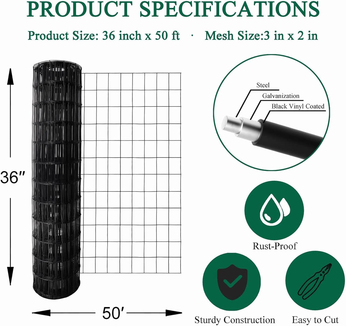 Black PVC Coated Welded Wire Fence 36 Inch x 50 Foot, 2 Inch x 3 Inch 16GA, Garden Border Fencing Roll Vinyl Coating Metal Wire Mesh for Yard Vegetable Plant Protection Poultry Netting