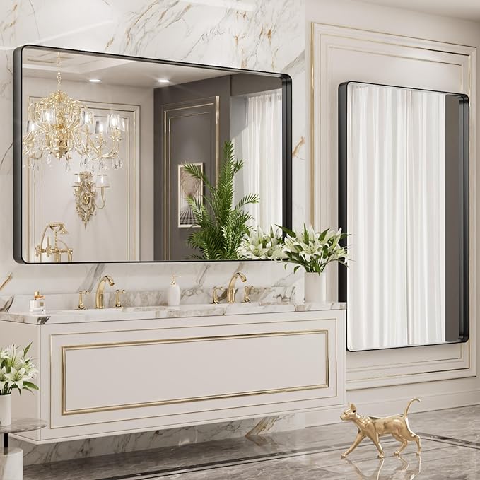 LOAAO 48X40 Inch Black Metal Framed Bathroom Mirror
