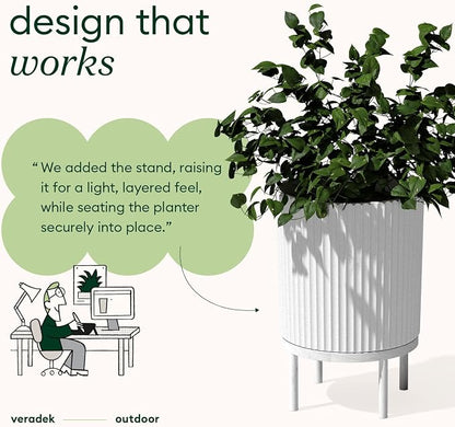 Veradek Demi Series Round Planter w/ Stand for Porch/Patio | Durable Plastic-Stone composite & Wooden Stand | Modern Décor for Tall Plants, Flowers