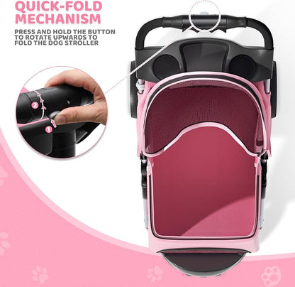 Magshion 3-Wheel Pet Stroller for Small/Medium Dog Cat, Up to 33lbs, Pink | Foldable Travel Jogger w/ Breathable Mesh Cover, Lightweight Design, Safety Tethers, Cup Holder & Storage Basket