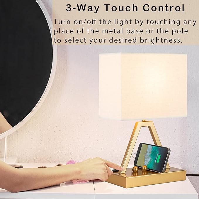 Briever Touch Control Table Lamp, 3-Way Dimmable Desk Lamp with USB C & USB A and AC Outlet, Bedside Lamp with Phone Stand and Fabric Shade for Bedroom, Living Room,Bulb Included, Gold