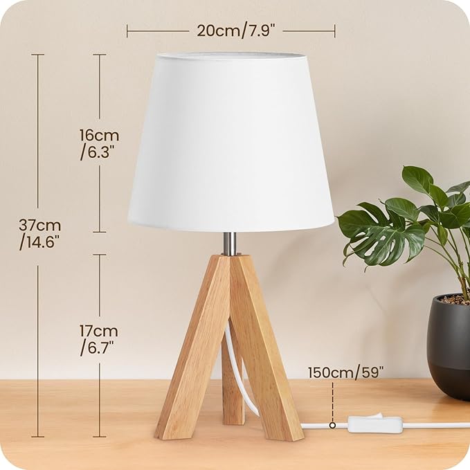 Wood Bedside Lamps Set of 2, Small Tripod Table Lamp, Modern Nightstand Lamp with Fabric Shade, Boho Bedside Wood Desk Lamp for Bedroom, Kids Room, Living Room, Study, White W51TLP205