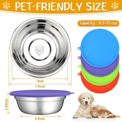 Patelai 8 Pcs Stainless Steel Dog Bowls 7.9" with Silicone Lids Portable Food and Water Dishes for Pets Sealable Containers for Small Medium Dog Cat Indoor (Red,Purple,Green,Blue)