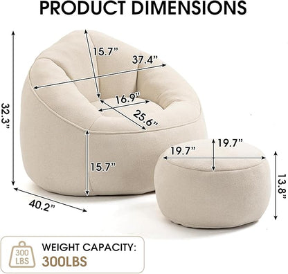 Sudwesto Bean Bag Chair for Adult, Microfiber Upholstered Bean Bag Sofa with Petal Back, Shell-Shaped Beanbag Chair with Footstool, Memory Foam Stuffed Lazy Sofa for Living Room, Bedroom (Beige)