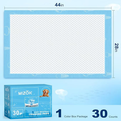 MIZOK XXL Pee Pads for Dogs Super Absorbent Extra Heavy Duty 28x44in 30Ct | Extra Long 28x44in Blue Dog Pads with Jellyfish Prints Feature Adhesive Tabs to Protect Floors for Long Bodied Dogs