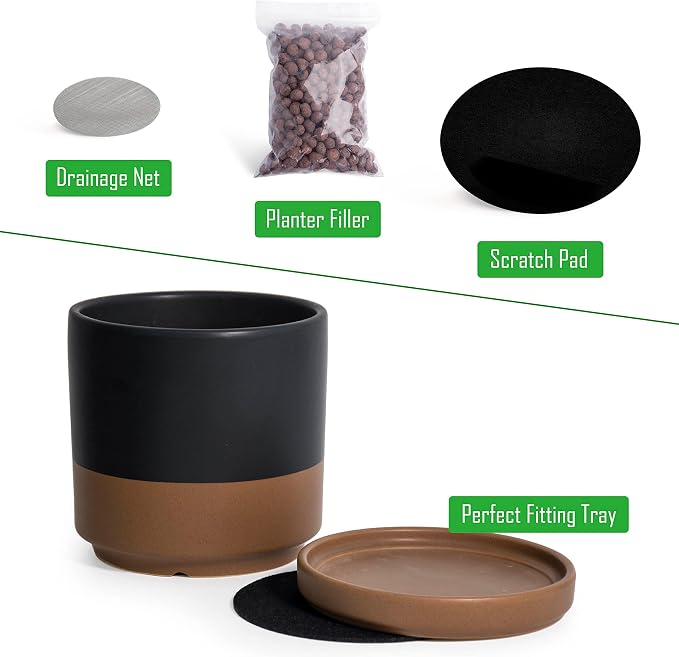 D'vine Dev Set of 2 Plants Pots, 8 Inch Ceramic Planter Pot for Plants with Drainage Hole and Saucer, Black/Speckled Tan, 94-V-D-7