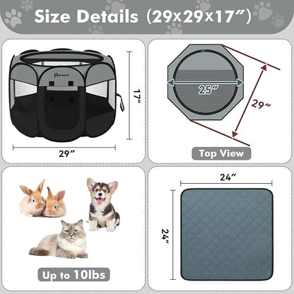 Persure Dog Cat Pet Playpen Puppy Crate Cage for Indoor Outdoor Travel | Nursing Rest Zone Recovering Pet Quarantine Room Portable Pop Up Easy to Set up lightweight Bag(Dark Grey with Pad,Small)