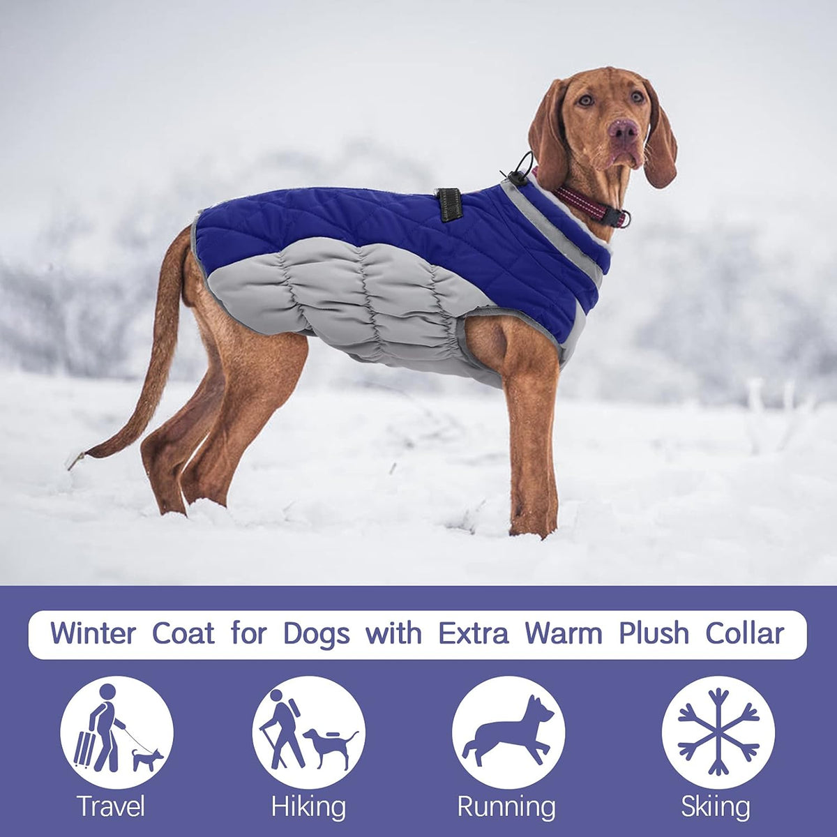 FUAMEY Dog Coat for Large Dogs,Waterproof Dog Winter Jacket with Harness Built in Puppy Cold Weather Coats Reflective Pet Vest with Zipper Warm Fleece Dogs Snowsuit Windproof Blue XXL